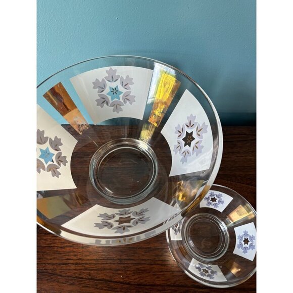 Vintage MCM Glass Bowl Chip & Dip Serving Fruit Frosted White Gold 2 Pc - Picture 2 of 10